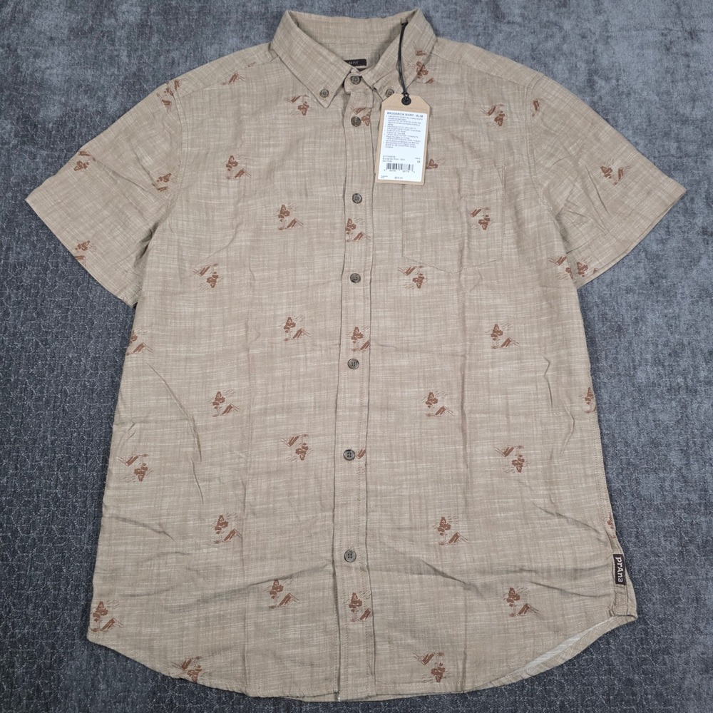 prAna Broderick Slim Fit Shirt Mens Medium Tree Mountain Print Organic Cotton S
